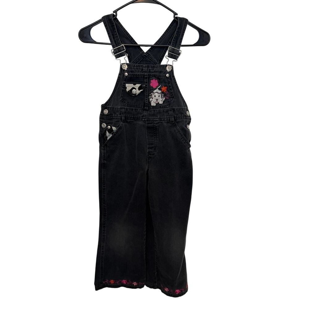 Black Denim Overalls Embroidered Dalmatian Floral